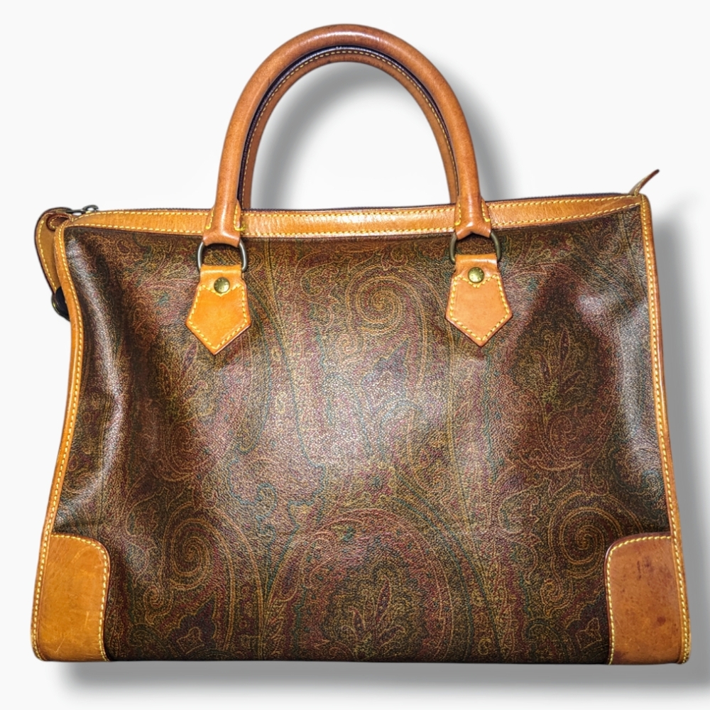 Etro | Vintage Milano Burgundy Paisley Tan Trim Leather Tote Bag - Picture 3 of 8